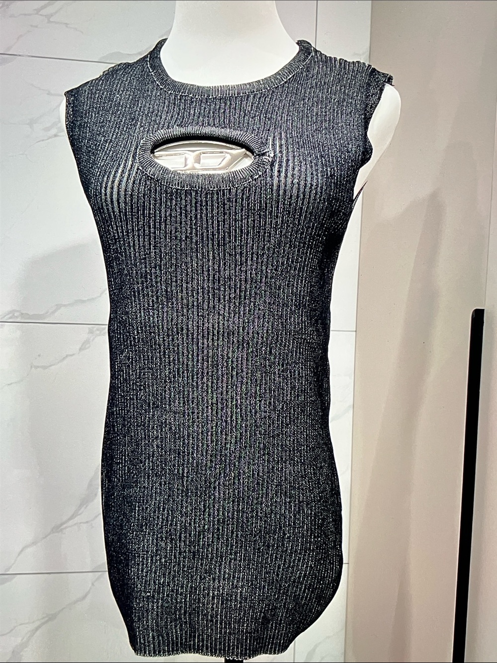 Diesel Black Ribbed Sleeveless Tank with Front Oval Logo Cutout